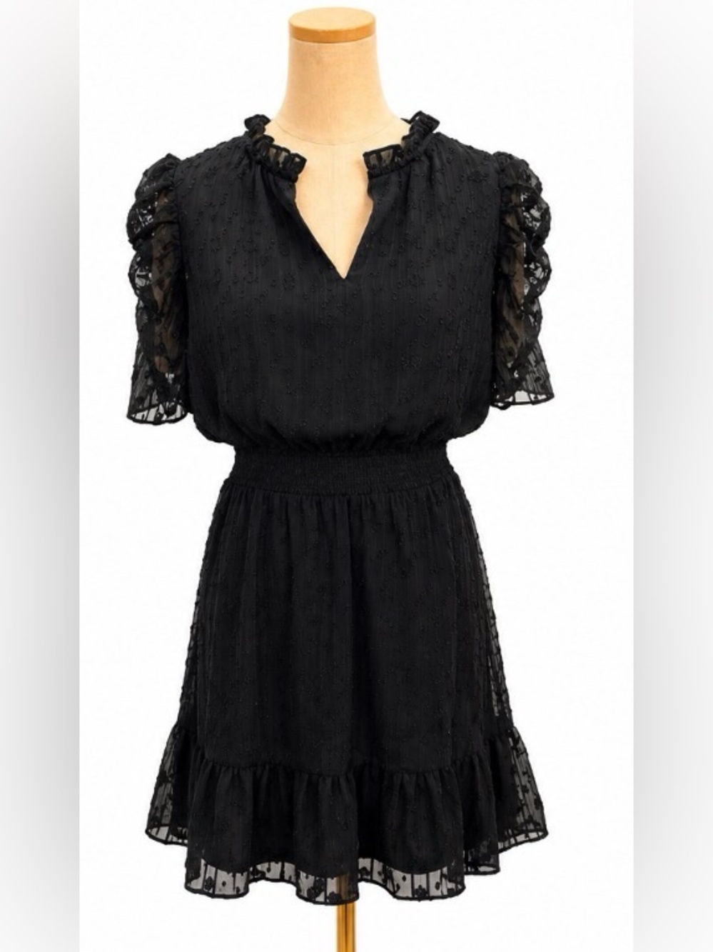 Express Black Swiss Dot Mini Dress Size M Smocked Ruffle Hem Flutter Sleeve